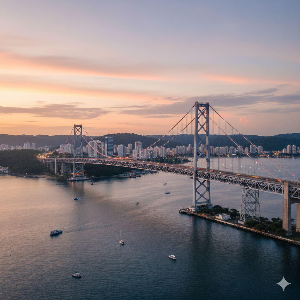 Vista panorâmica de Florianópolis com praias, mar e áreas urbanas da ilha